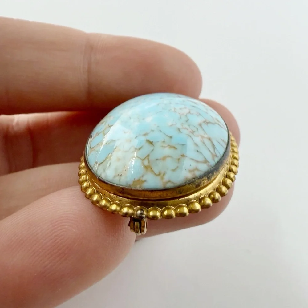 Vintage Turquoise Peking Glass Oval Brooch Goldtone Ball Bead Trim Framed